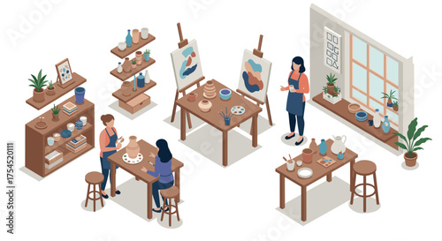 Creative pottery workshop with artists crafting in isometric art studio