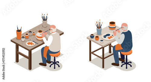 Isometric art studio with elderly artist crafting ceramics at workbenches