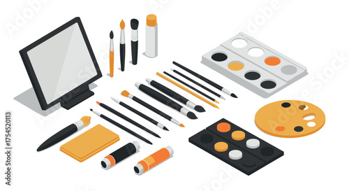 Isometric art supplies kit with brushes, paints and palette in orange and black tones