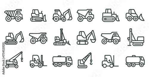 Construction vehicles icons set – outline, line, building machinery graphics