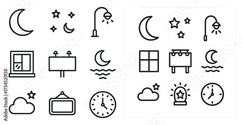 Nighttime and astronomy line icons set – outline, lunar, celestial symbols