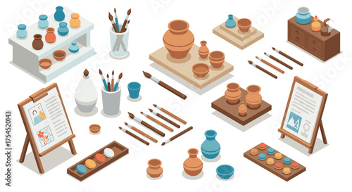Creative pottery workshop isometric design with clay, brushes, and tools