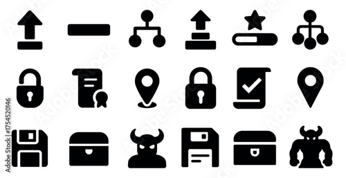 Business and security solid icons set – filled, workplace and protection symbols