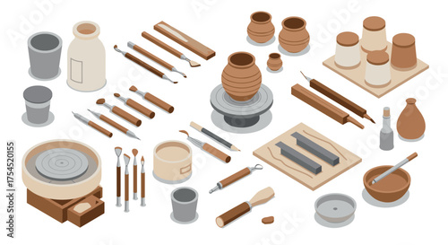 Isometric pottery workshop equipment tools, clay, and wheel elements