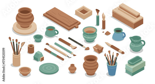 Pottery and art supplies isometric design with clay vases, brushes, and colors