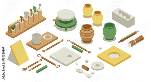 Isometric pottery workshop scene with crafting tools and clay vases