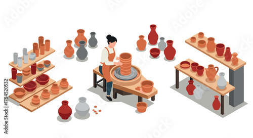 Isometric pottery workshop artisan crafting ceramic vases and bowls