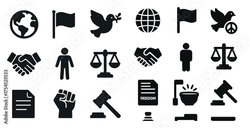 Peace and justice solid icons set – silhouette, filled, harmony and equality symbols