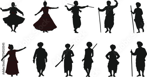 Traditional Indian folk dance silhouettes of men and women performing with sticks, cultural performance vector illustration, ethnic festival celebration concept, isolated design