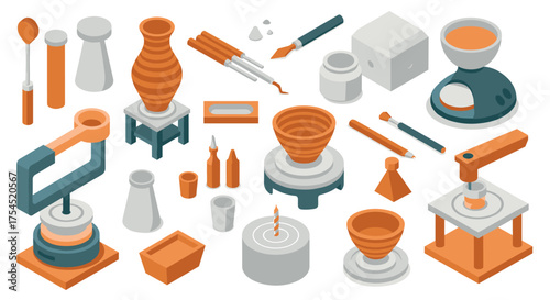 Isometric pottery tools and equipment set for ceramics and crafting enthusiasts