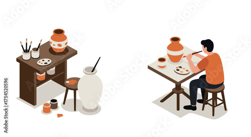 Isometric pottery workshop man painting clay with brushes and paints
