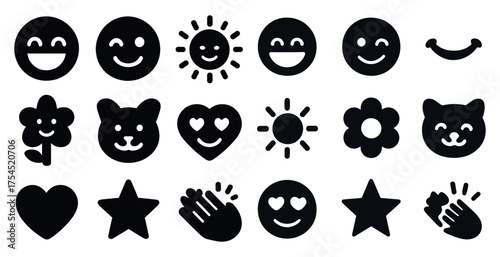 Smile emoji silhouette icons set – solid, filled, happy and affectionate symbols