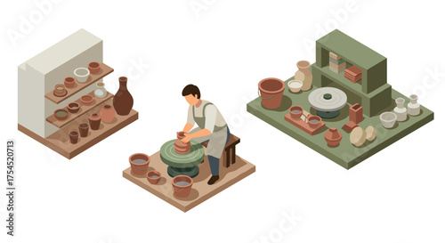 Isometric pottery workshop scene with potter crafting ceramics on wheel