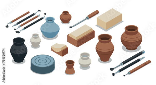 Isometric pottery tools and clay set for ceramic crafting projects