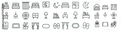 Interior design outline icons set – line, decor, home furnishing symbols