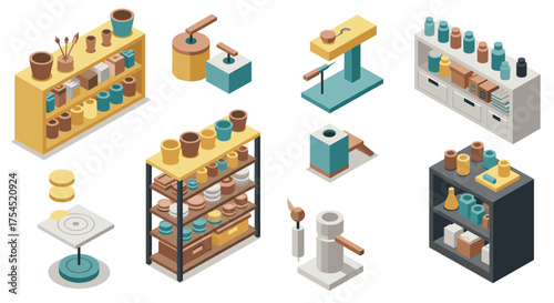 Isometric pottery workshop elements with shelves, tools, and vases in modern design