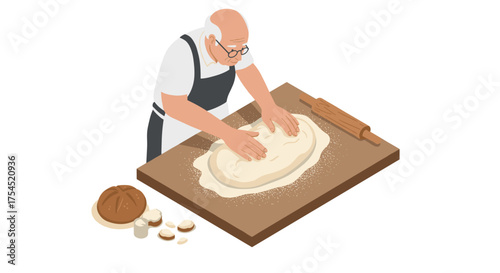 Elderly baker kneading dough on wooden table in isometric style