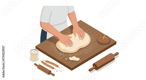 Isometric baking scene with hands kneading dough on wooden board