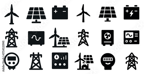 Renewable energy icons set – solid, eco-friendly, power resources symbols
