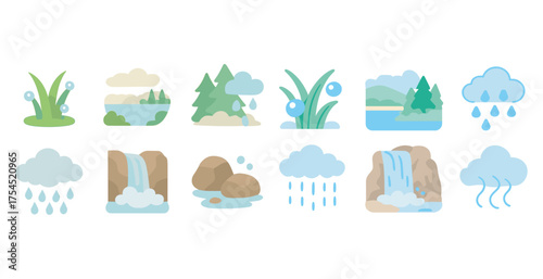 Nature and weather icons set – flat, filled, landscape and ecosystem symbols