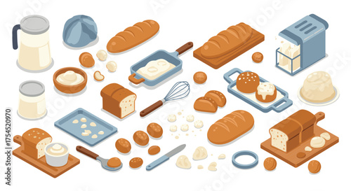 Isometric bakery essentials bread and baking ingredients in modern style