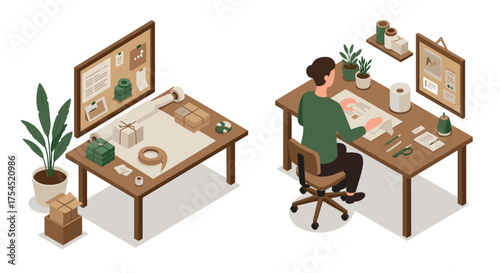 Cozy home office workspace with diy crafting and organizing supplies in isometric style