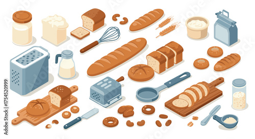 Baking essentials collection with bread, dough, and kitchen tools in isometric style