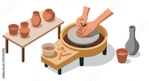 Isometric pottery workshop with hands shaping clay on ceramic wheel