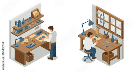 Isometric workshop scene with craftsman at two workbenches