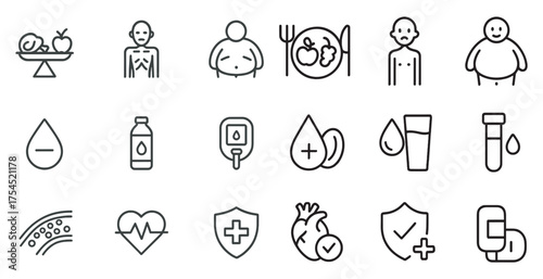 Health and wellness outline icons set – fitness, nutrition, medical symbols