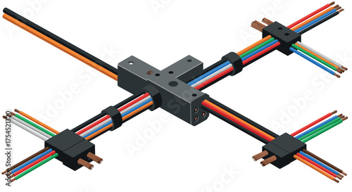 Detailed isometric cross section of cables with connectors in colorful wiring diagram