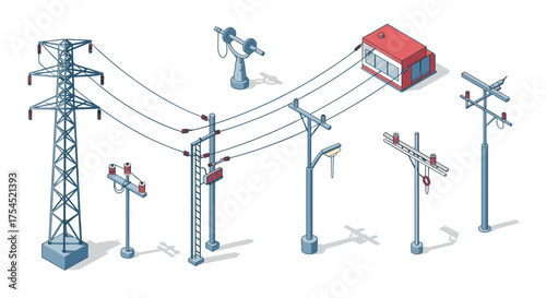 Isometric set of transmission towers and power lines for urban and industrial design