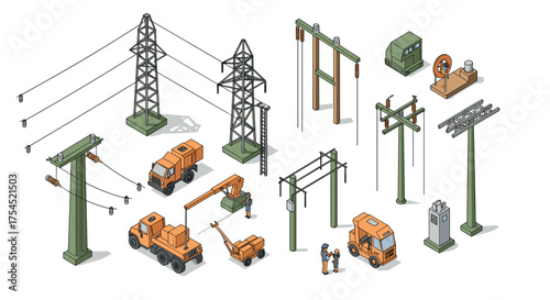 Isometric electrical infrastructure with trucks and workers in action