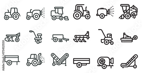 Farming equipment linear icons set – outline, agricultural, machinery symbols
