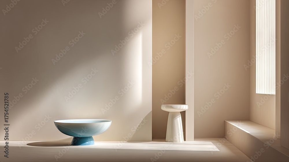 Fototapeta premium Minimalist interior scene with bowl and stool bathed in soft sunlight