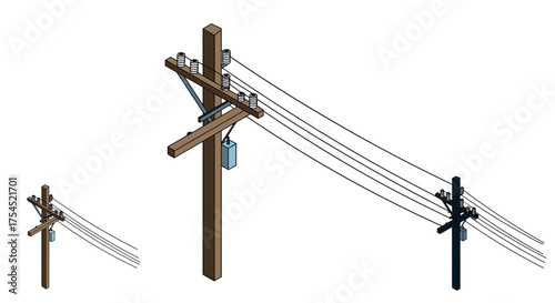 Isometric wooden utility poles with electric cables on white background
