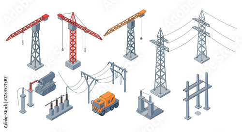 Isometric construction and power infrastructure elements with cranes and utility vehicles