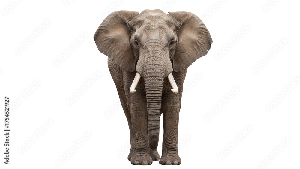 Obraz premium Frontal Photograph of an African Bush Elephant (Loxodonta africana) with Tusks, Isolated PNG