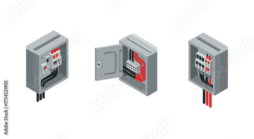 Isometric electrical junction box set with open and closed views