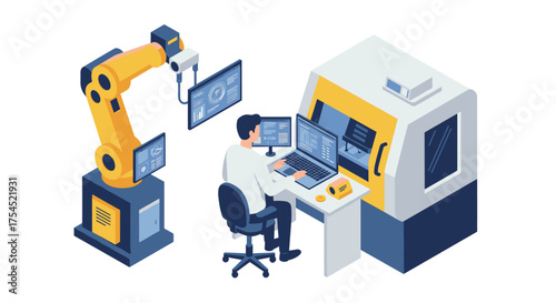Modern manufacturing process with robotic arm and cnc machine in isometric style