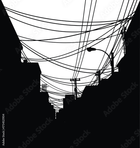 Urban alley silhouette with overlapping electric power lines, telephone poles, and streetlights between city buildings, minimalist black and white vector illustration for modern design