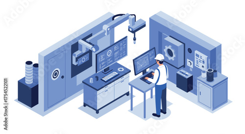 Modern factory automation with engineer operating advanced robotics system in isometric view