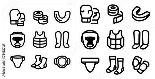 Boxing and mma solid icons set – filled, combat sports equipment symbols