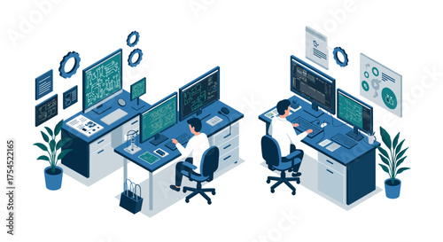 Modern isometric office workspace with programmers at dual desks