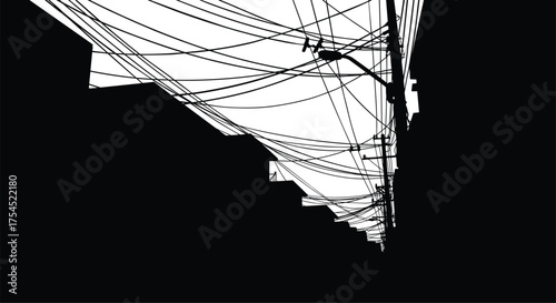 Urban alley silhouette with tangled electric power lines, telephone poles, and residential buildings under clear sky, minimalist black and white vector illustration design