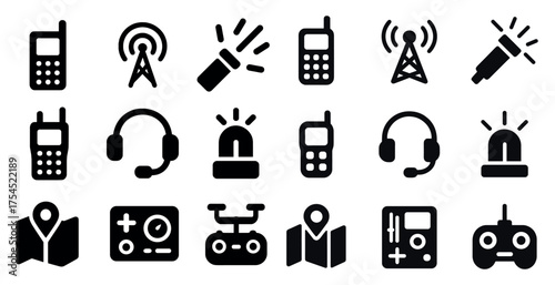 Communication devices solid icons set – silhouette, filled, tech and gadget symbols
