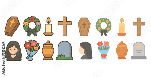 Funeral and memorial flat icons set – grave, mourning, remembrance symbols