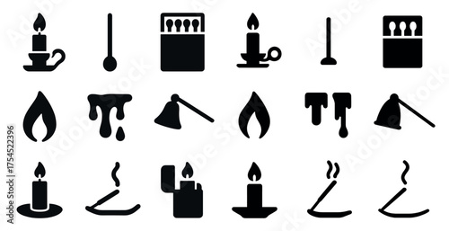 Candle and flame icons set – silhouette, solid, fire and light symbols