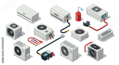 Isometric air conditioning units with installation tools and equipment