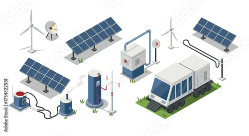 Renewable energy isometric set featuring solar panels, wind turbines, and hydrogen fuel generator